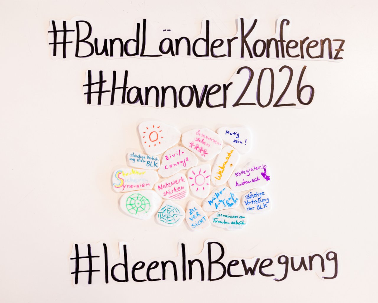 Das Bild zeigt eine Collage aus den Papiertiteln #BundL&auml;nderKonferenz, #Hannover2026 und #IdeeninBewegung. Sie fassen 16 zum Kreis zusammengelegte, wei&szlig;e Steine ein, auf denen Symbole, wie z. B. eine strahlende Sonne, und Schlagworte, wie z. B. &rsaquo;Mutig sein&lsaquo; oder &rsaquo;Zivilcourage&lsaquo;, mit Filzstift geschrieben wurden.