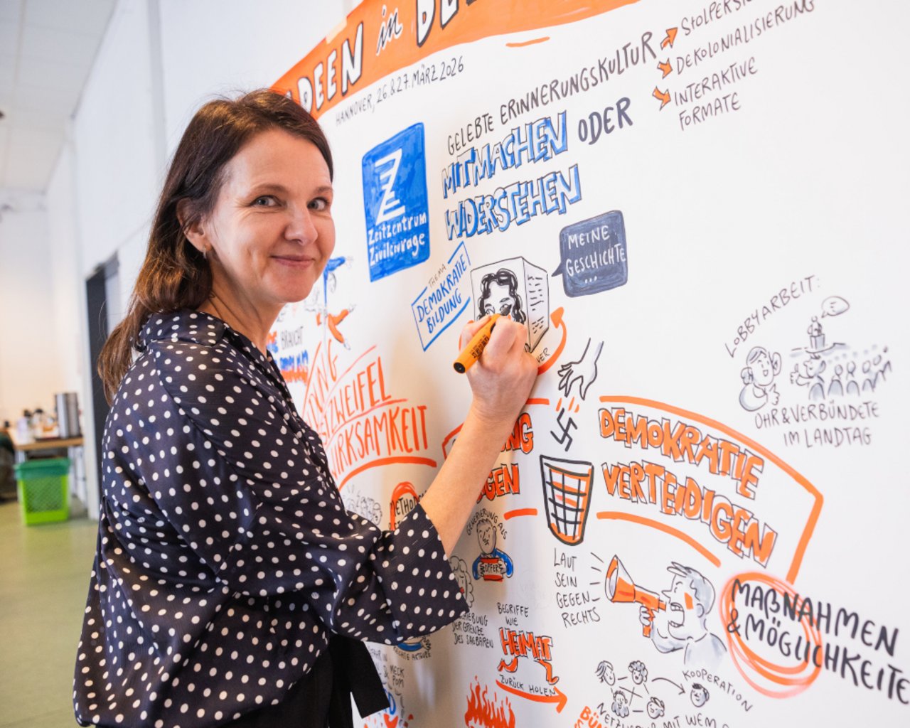 Hier hält die Graphic Recorderin mit auf der Leinwand angesetztem Schrift kurz inne und lächelt in die Kamera. 