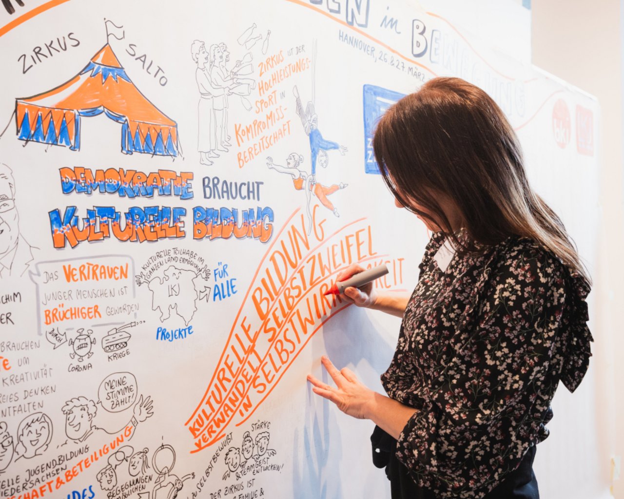 Auf einer riesigen Leinwand dokumentiert die Graphic Recordering die Ergebnisse. So entsteht ein riesiges Potpouri an Ideen und Eindrücken - und zugleich ein illustratives Protokoll.