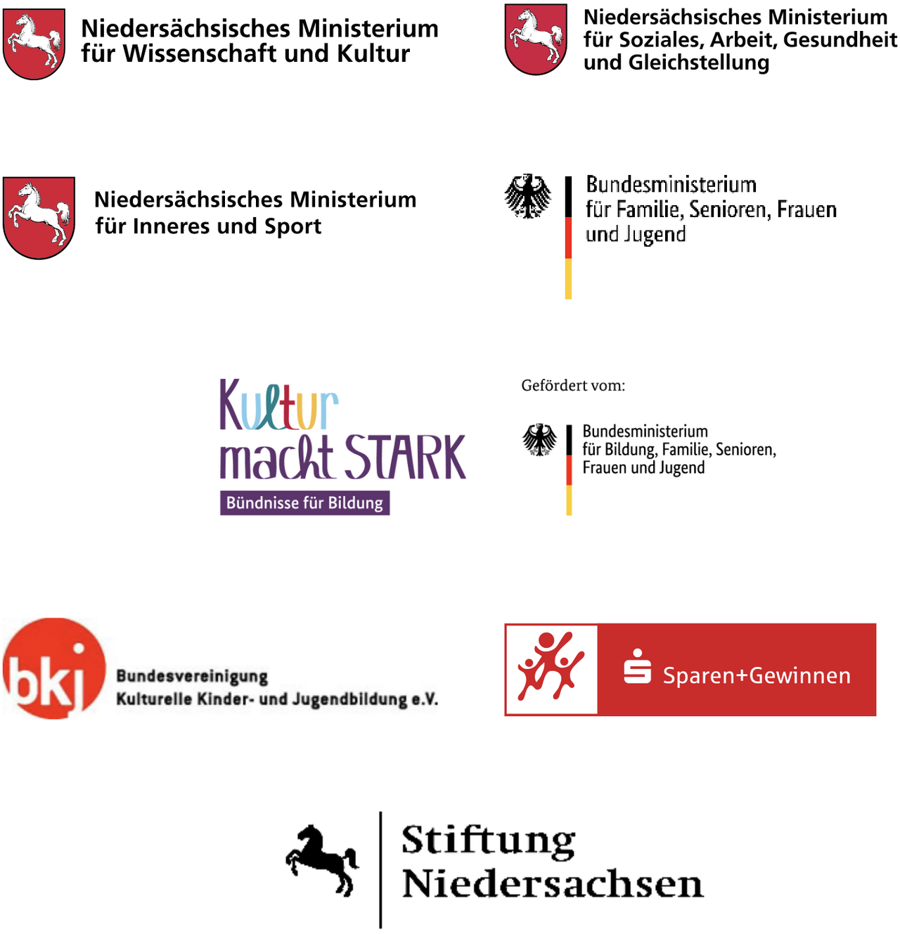 Hier sind die Logos der F&ouml;rderer der LKJ Niedersachsen abgebildet. Diese sind: Nieders&auml;chsisches Ministerium f&uuml;r Wissenschaft und Kultur, Nieders&auml;chsisches Ministerium f&uuml;r Soziales, Arbeit, Gesundheit und Gleichstellung, Nieders&auml;chsisches Ministerium f&uuml;r Inneres und Sport, Bundesministerium f&uuml;r Familie, Senioren, Frauen und Jugend, Kultur macht stark - gef&ouml;rdert vom Bundesministerium f&uuml;r Bildung und Forschung, Bundesvereinigung Kulturelle Kinder- und Jugendbildung, Nieders&auml;chsische Sparkassen und Stiftung Niedersachsen